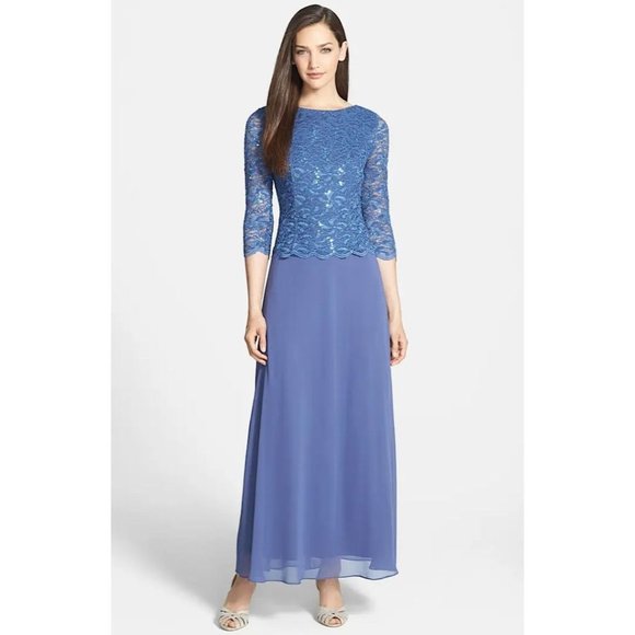 Alex Evenings Mock Two-Piece Sequin Chiffon Gown Lace Dress Wedgewood 12 - Picture 1 of 11